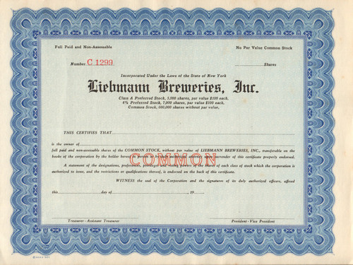 Liebmann Breweries stock certificate 1930's