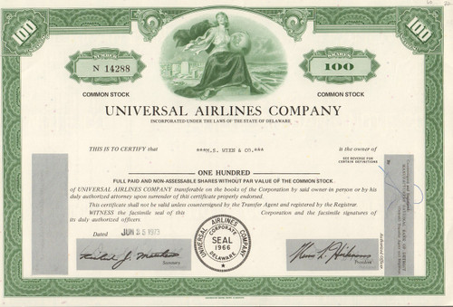 Universal Airlines Company 1973 stock certificate