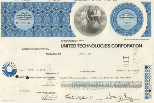 United Technologies Corporation stock certificate 1978