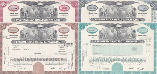 Pan American World Airways stock certificate set of 4 colors - red, brown, blue, aqua