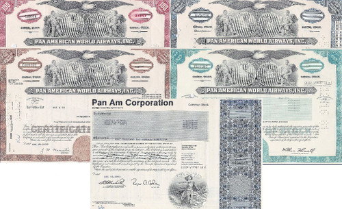 Pan American World Airways stock certificate set of 5 pieces - red, brown, blue, aqua & Pan Am Corp