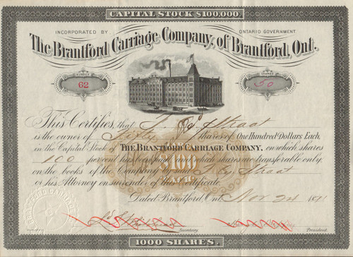 Brantford Carriage Company 1891 stock certificate