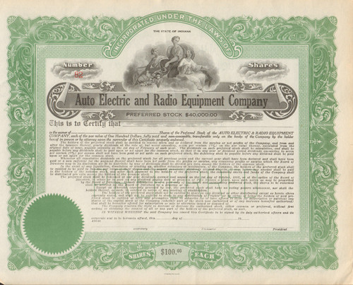 Auto Electric and Radio Equipment Company stock certificate circa 1920