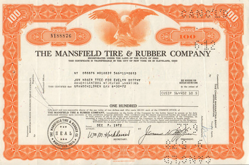 Mansfield Tire and Rubber Company stock certificate - orange