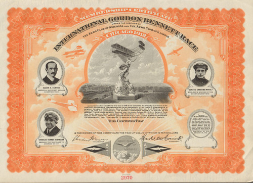 International Gordon Bennett Race - Chicago, 1912 membership certificate