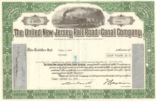 United New Jersey Rail Road and Canal Company 1970's stock certificate - green