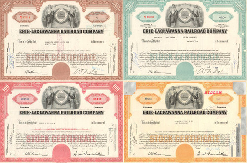 Erie-Lackawanna Railroad Company stock certificates - set of 4 colors