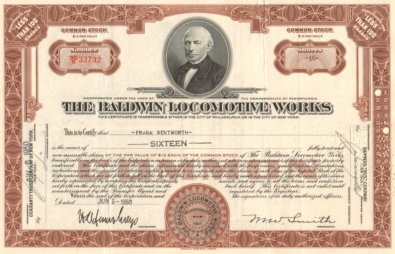 Baker Oil Tools Inc Stock Certificate
