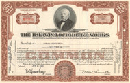 Baldwin Locomotive Works stock certificate - brown