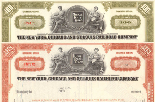New York, Chicago, and St Louis Railroad - Nickel Plate Road stock certificate - set of 2 colors