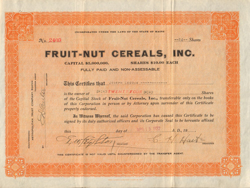 Fruit-Nut Cereals, Inc. 1922 stock certificate 