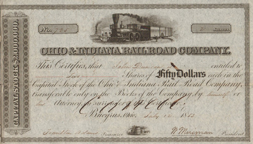  Ohio and Indiana Railroad Company 1853 stock certificate