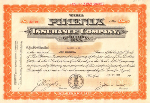 Phoenix Insurance Company, Hartford Conn 1959 stock certificate