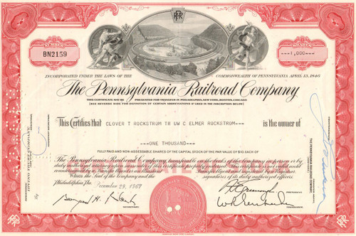 Pennsylvania Railroad (Horseshoe Curve) 1960's RED stock certificate 