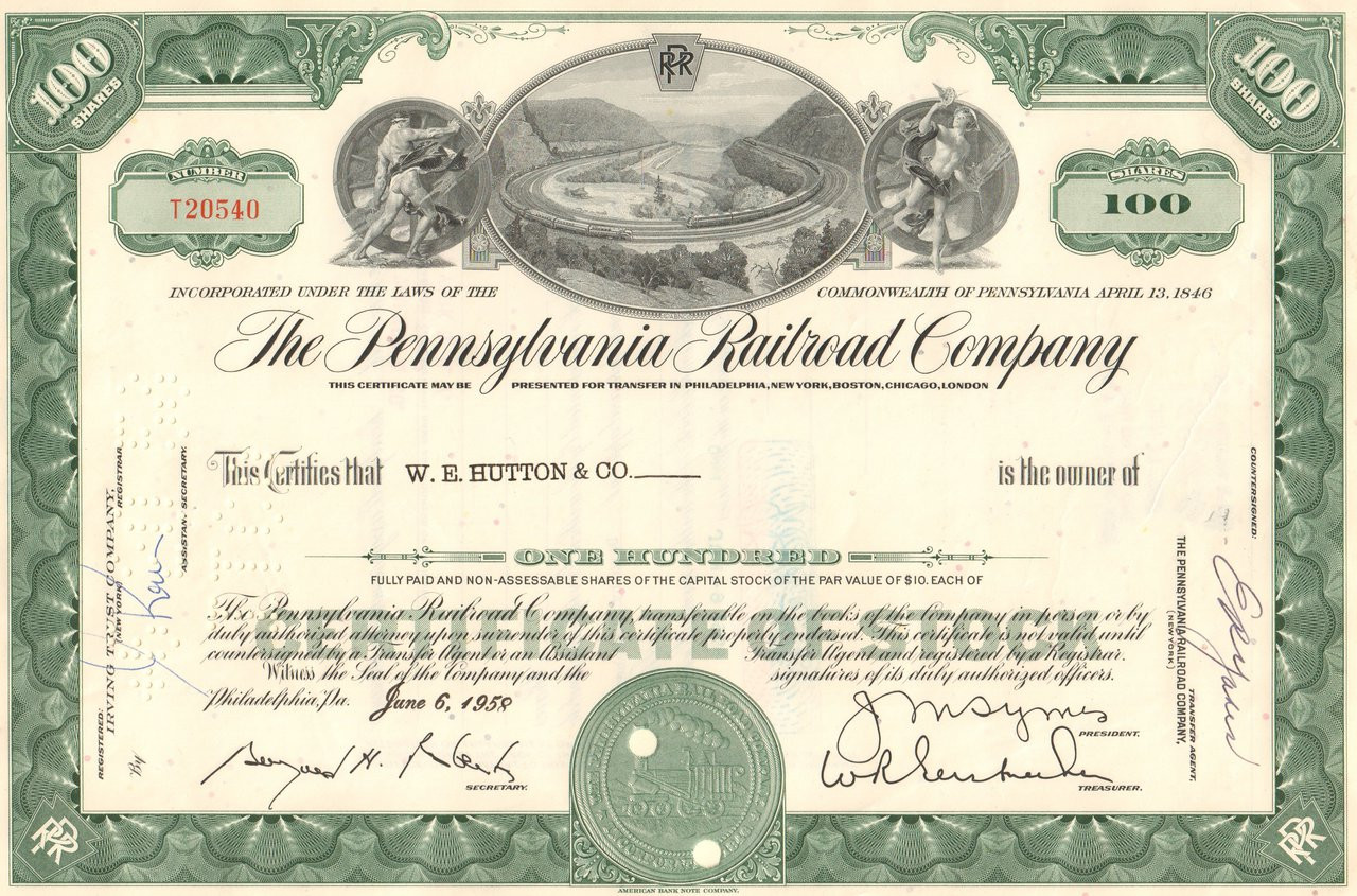 Pennsylvania Railroad Co original stock certificate with Altoona horseshoe curve Pennsylvania Railroad Co original stock certificate with Altoona horseshoe curve