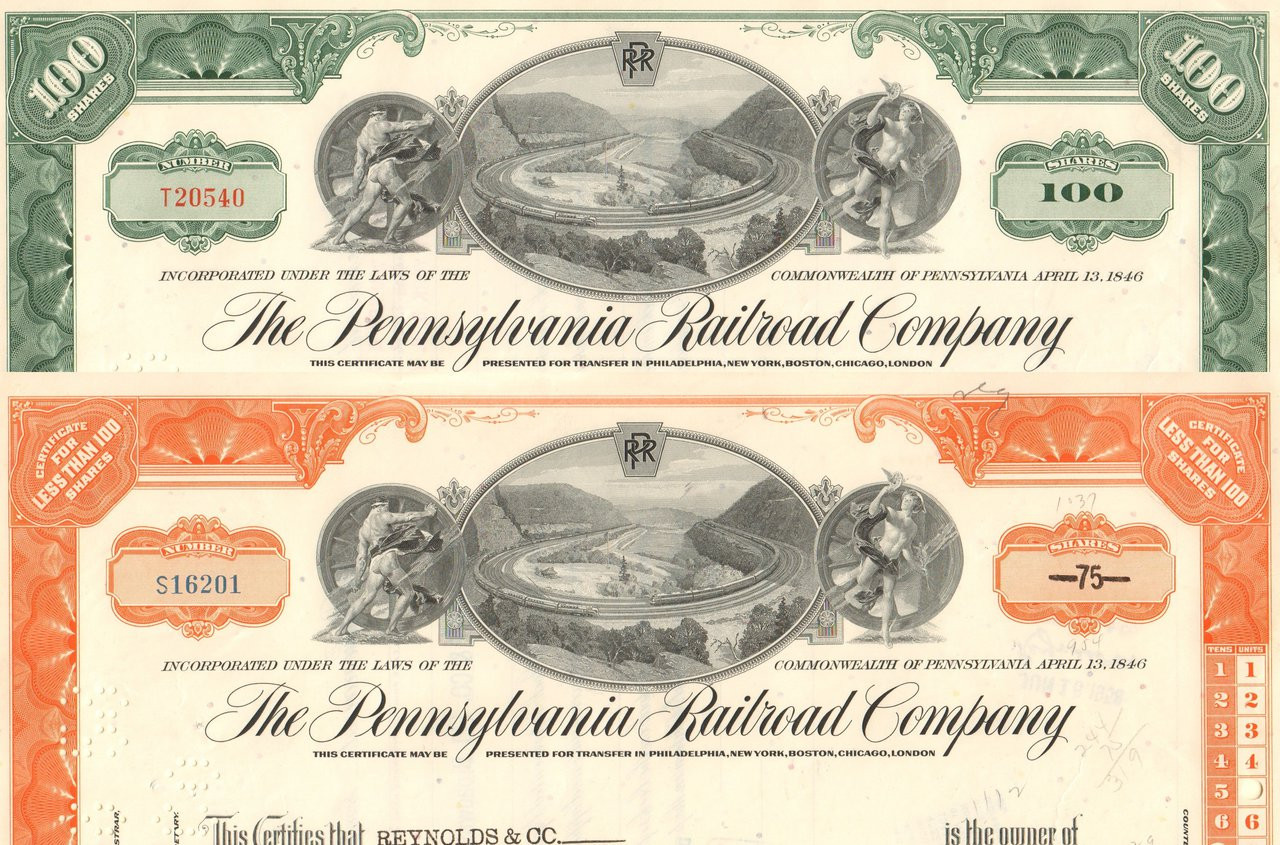 Pennsylvania Railroad Co original stock certificate with Altoona horseshoe curve Pennsylvania Railroad Co original stock certificate with Altoona horseshoe curve