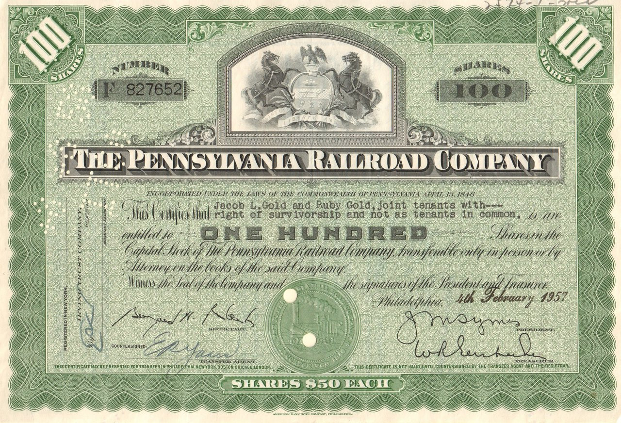 Pennsylvania Railroad (State Seal) stock certificates
