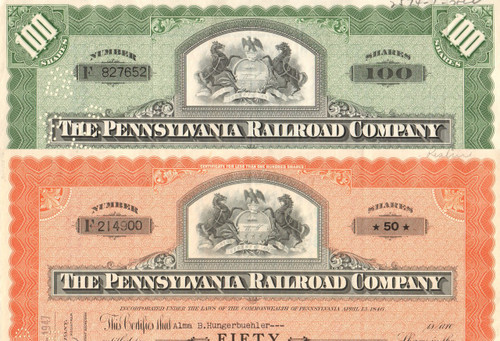 Pennsylvania Railroad (State Seal) stock certificate - set of 2 colors