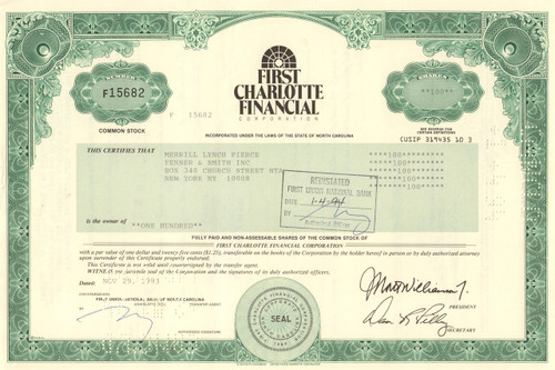 First Charlotte Financial Corporation stock certificate 1993