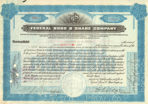 Federal Bond and Share Company stock certificate 1930