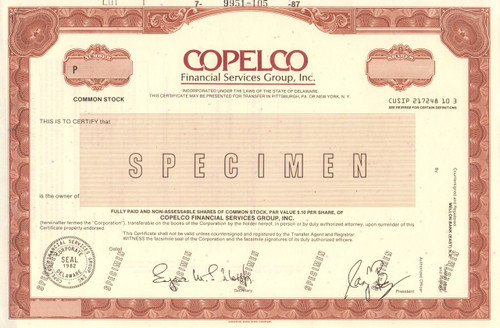 COPELCO Financial Services Group specimen stock certificate