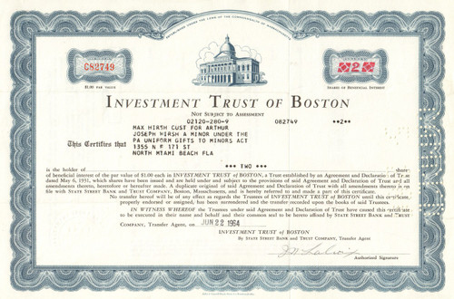 Investment Trust of Boston stock certificate 1964
