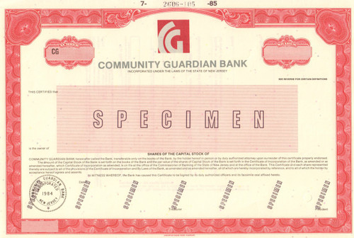 Community Guardian Bank - specimen (printed/stamped) stock certificate 