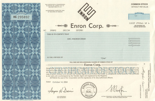 ENRON Corp 2004 stock certificate - crooked E
