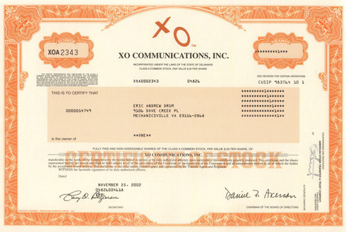 XO Communications 2002 stock certificate