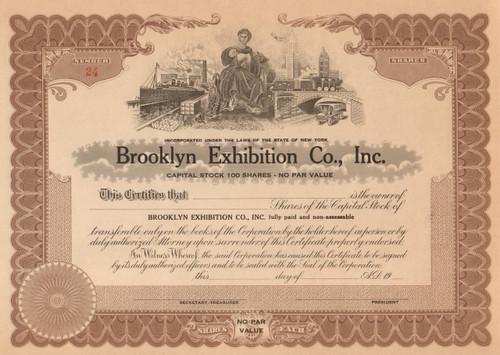 Brooklyn Exhibition Company circa 1926 stock certificate 