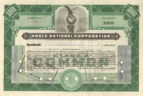 Anglo National Corporation 1932 stock certificate 