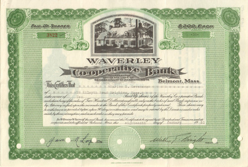 Waverley Cooperative Bank 1951 stock certificate 