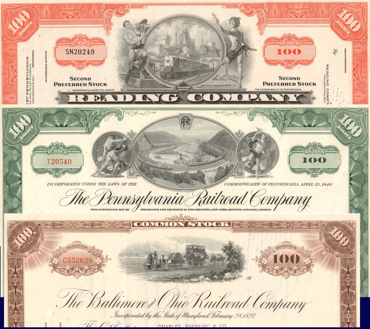 Monopoly railroads > Reading B&O Pennsylvania Set of 3 stock certificate 