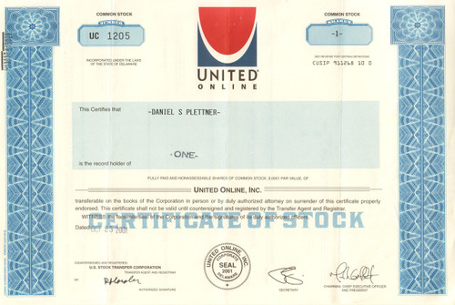 United Online stock certificate 2001