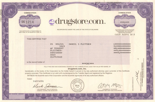 Drugstore.com 2001 stock certificate