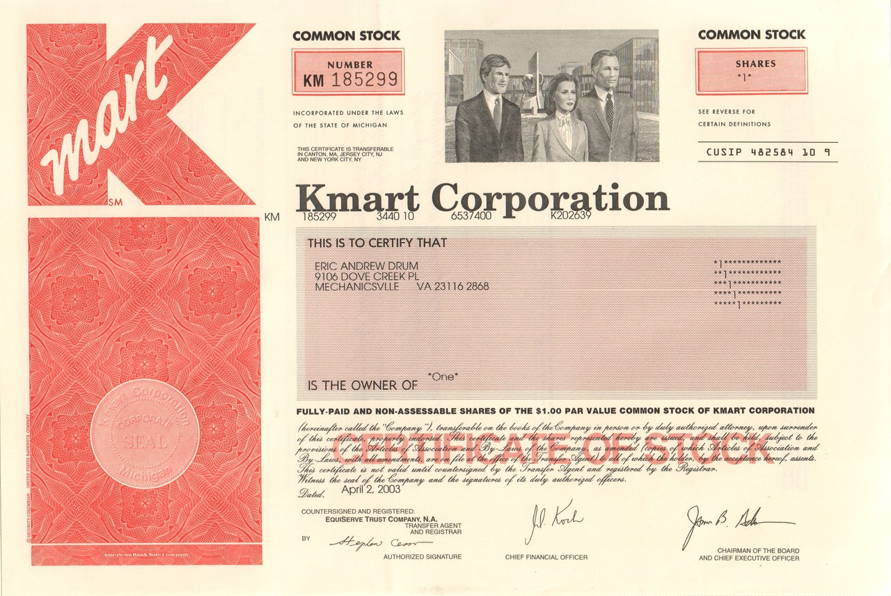 Kmart Corporation stock certificate 2003