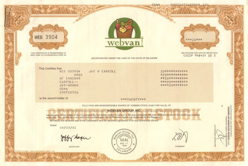 Webvan stock certificate 2001