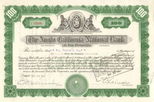 Anglo California National Bank of San Francisco 1944 stock certificate