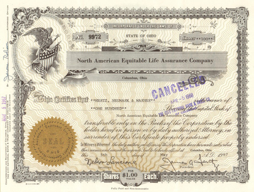 North American Equitable Life Assurance Company stock certificate 1967