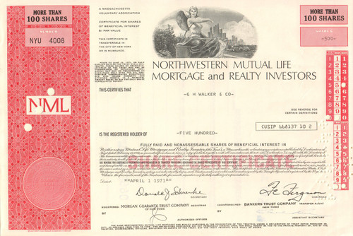 Northwestern Mutual Life Mortgage and Realty Investors stock certificate 1971