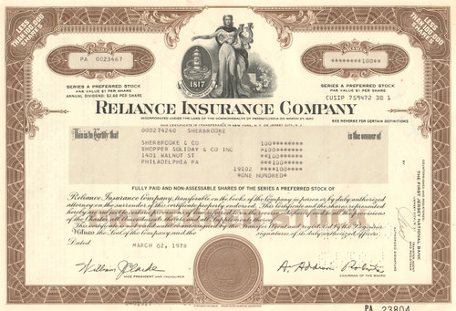 Reliance Insurance Company stock certificate 1978