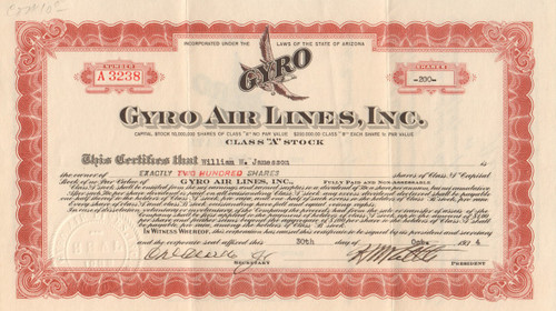Gyro Air Lines, Inc stock certificate 1934 