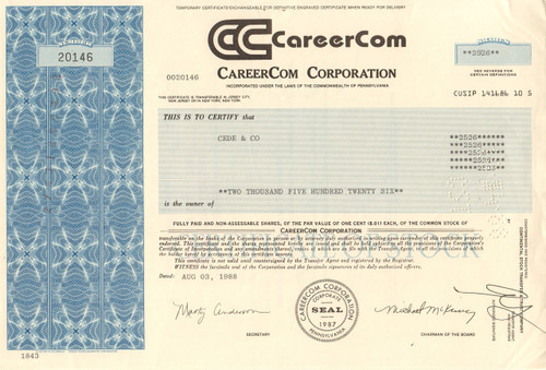 Careercom stock certificate 1988