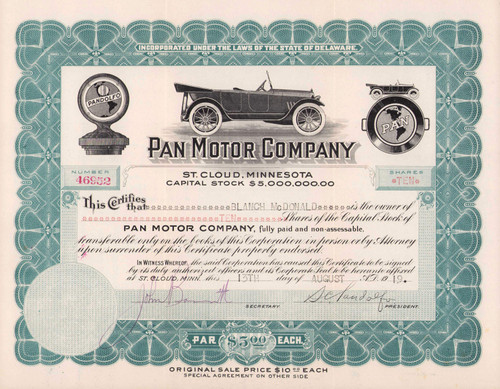 Pan Motor Company stock certificate 1919 (Minnesota) - securities fraud scandal