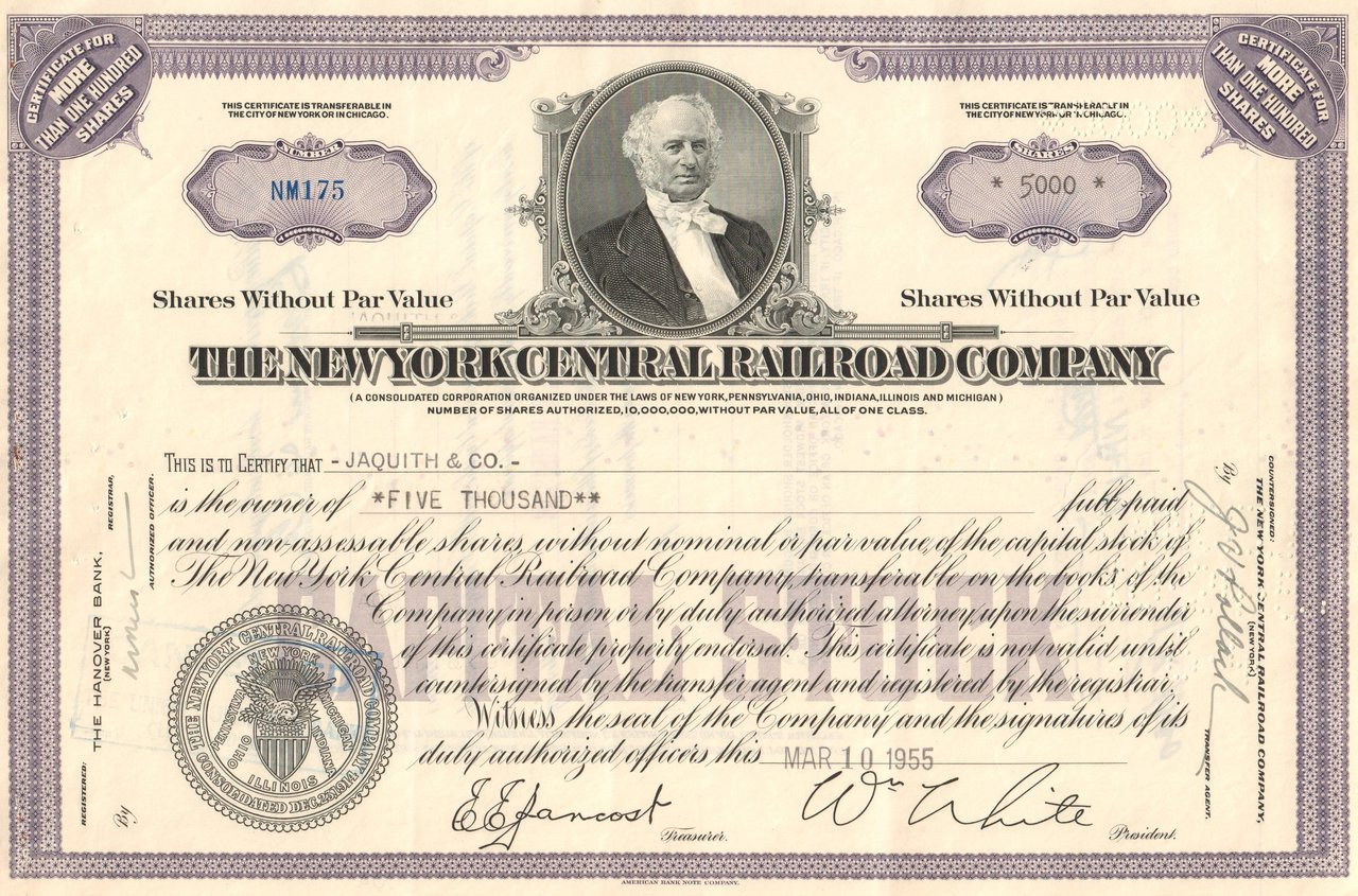 New York Central And Hudson River Railroad Company Bond Stock Certificate