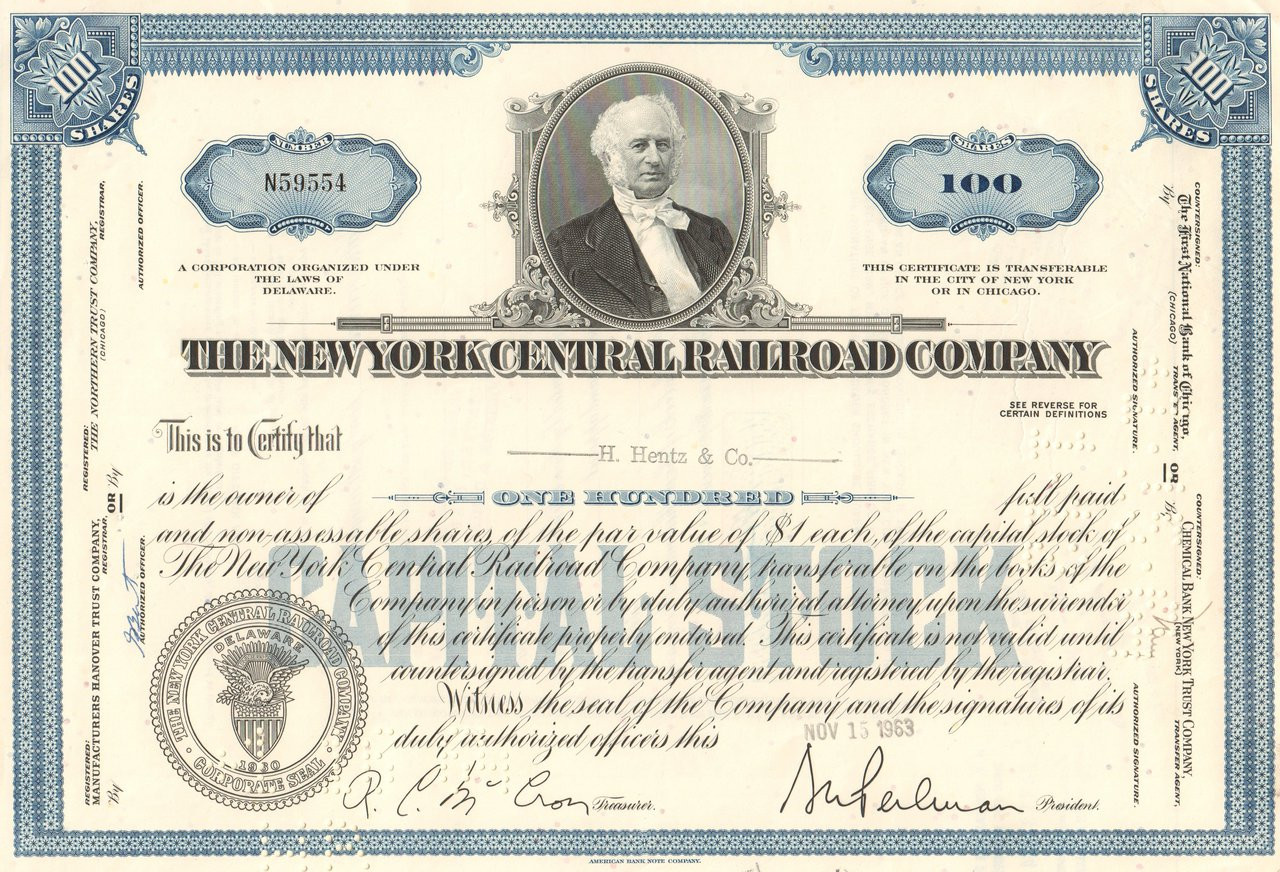 New York Central Railroad Stock Certificate Blue
