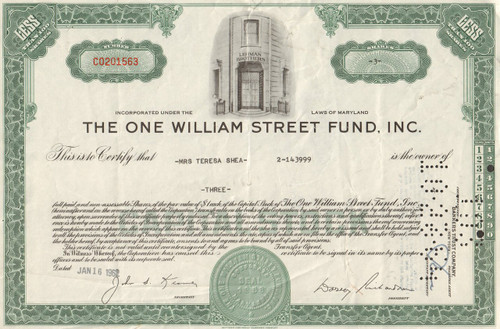 One William Street Fund 1960's stock certificate - green