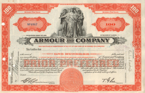 Armour and Company stock certificate - orange 
