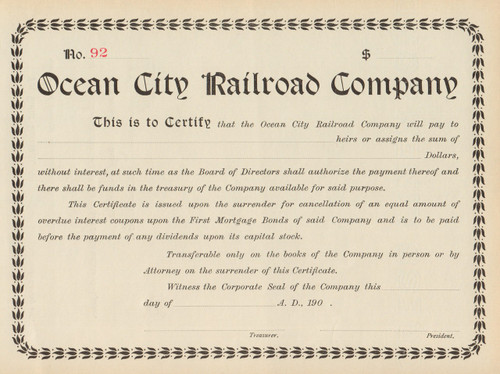 Ocean City Railroad Company stock certificate 
