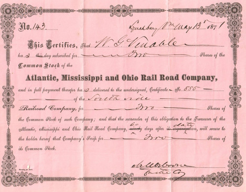 Atlantic, Mississippi and Ohio Railroad stock certificate 1871